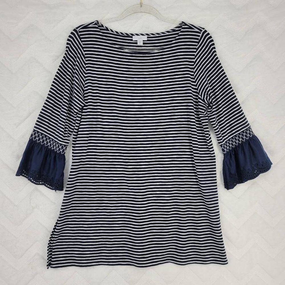 J Jill Tunic Top Women's Shirt Dress Stripe Nautical 3/4 Sleeves Eyelet Ruffle